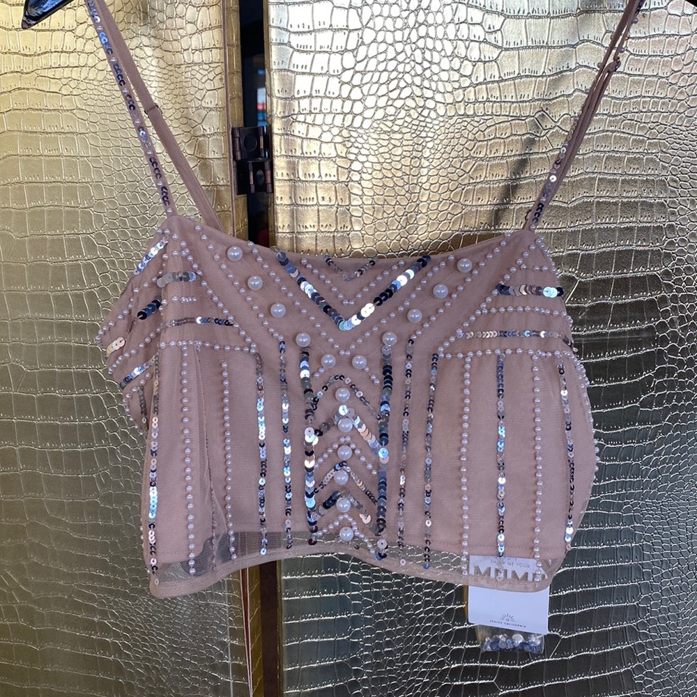 Show Me Your MuMu Blush Sequined Pearl-Embellished Crop Cami